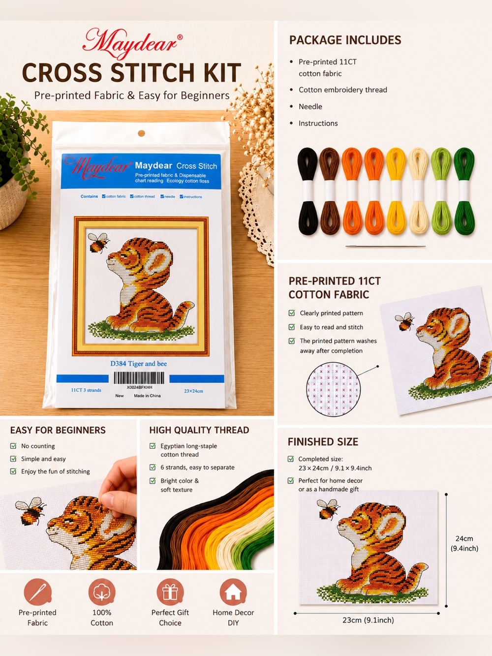 Tiger and Bee Cross Stitch Kit – Stamped Beginner Cross Stitch Kit - Picture 6 of 7
